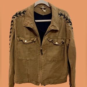 Free People Khaki Olive Green Utility Jacket Lace-Up Sleeves Military Inspired